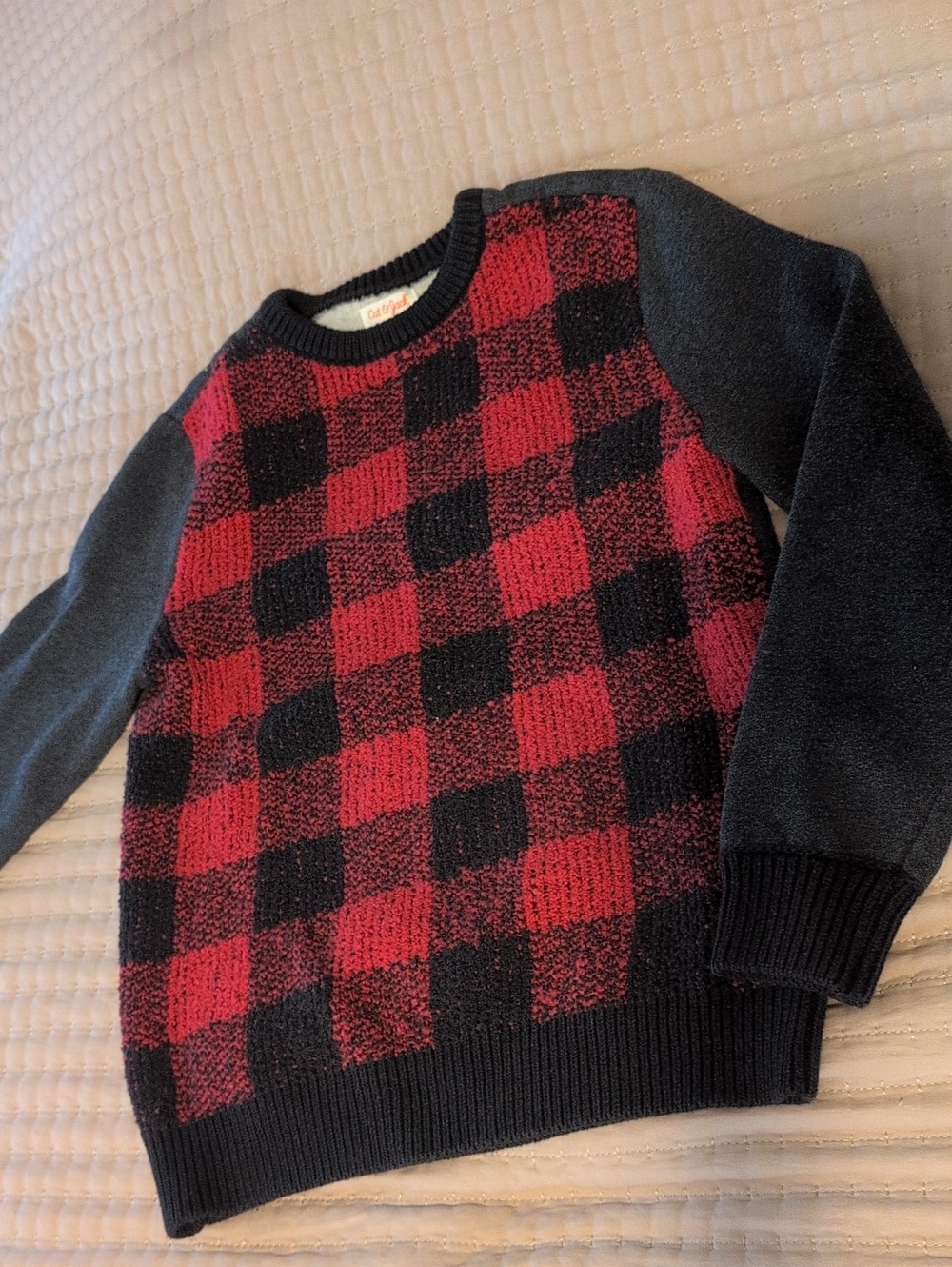 Youth Boys Red & Black Buffalo Plaid Crewneck Sweater